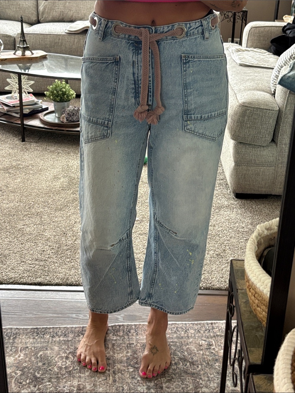 We The Free Free People Moxie Light Wash Denim Crop Jeans with Rope Tie Size 28